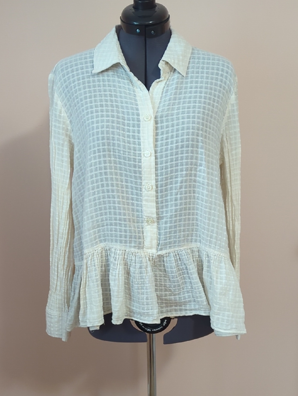 THE GREAT. Cream Button-Front Peplum Long-Sleeve Shirt